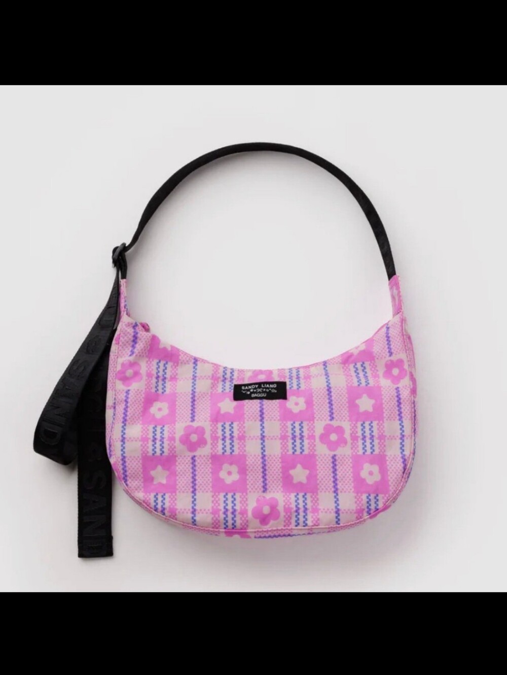 Baggu x Sandy Liang Pink Floral Plaid Shoulder Bag with Black Strap